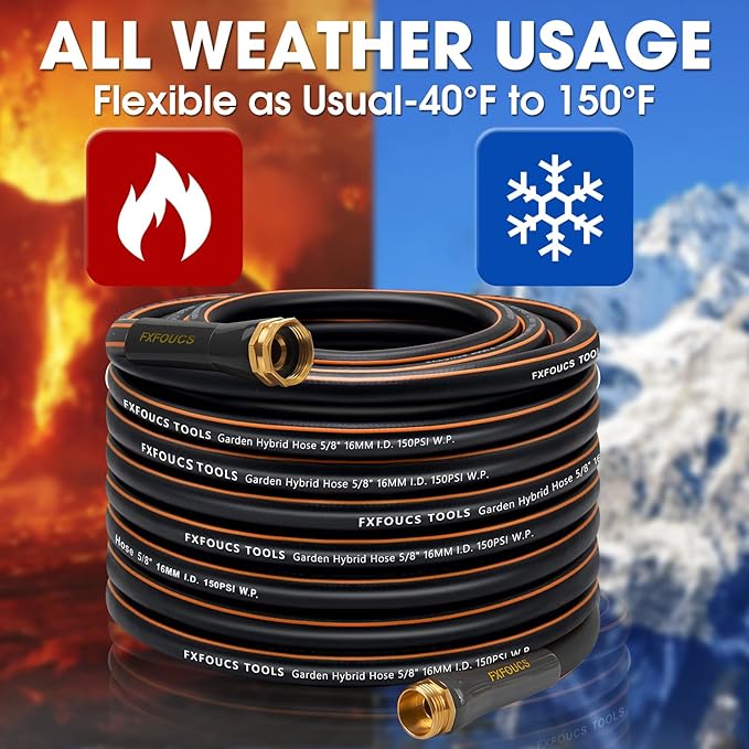 Heavy Duty Garden Hose – 5/8 Inch Flexible, Lightweight Hybrid Hose with 600 PSI Burst Pressure, Swivel Handle, All-Weather Water Hose, Durable Copper Male/Female Fittings (Black, 75FT)