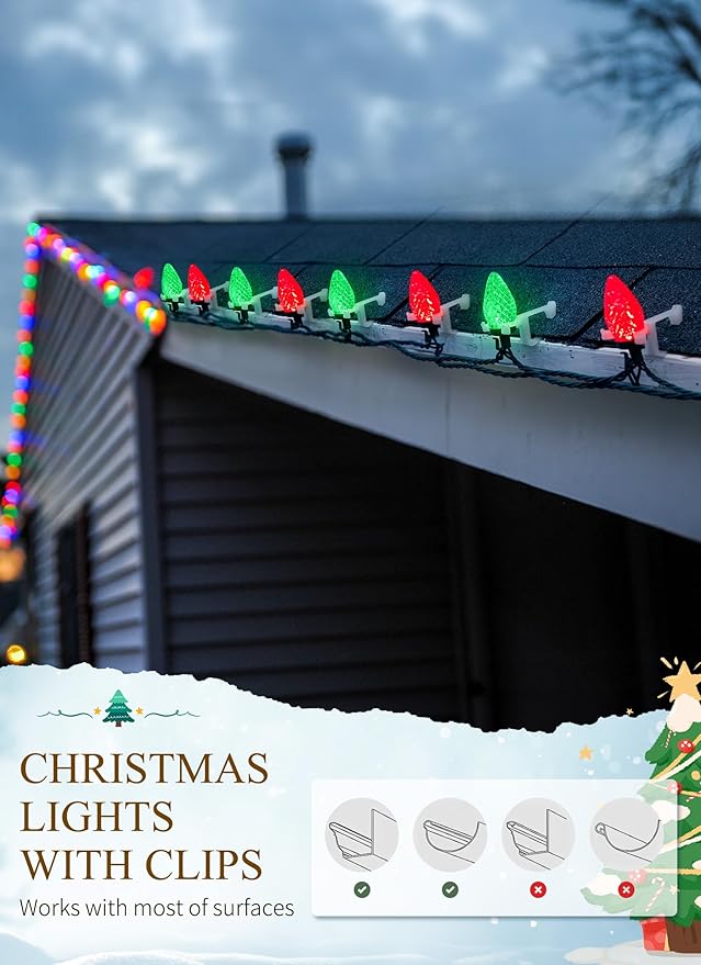 C9 LED Christmas Lights Outdoor, 68 Ft 100 LED C9 String Lights with 100 All in One Clips, Connectable Waterproof Christmas Tree Lights for Outside Roofline Backyard Garden Decor, Red & Green
