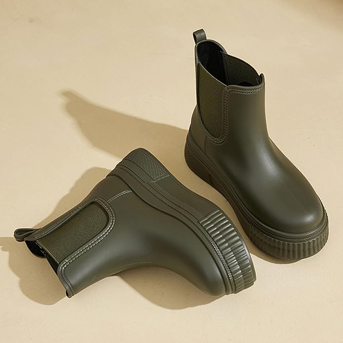 Women's PVC Chunky Platform Ankle Rain Boots Waterproof Slip On Anti-slip Chelsea Boots Comfort Wide-leg Elastic Band Outdoor Rubber Garden Work Rain Boots For Yard Farm