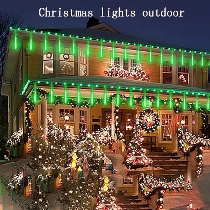 Kwaiffeo Green Christmas Lights, 24 Tubes Meteor Shower Lights(Equivalent to 3 Sets of 8-Tube) for Halloween Christmas Decorations Outdoor, Green Lights for Xmas St. Patrick's Day Party Tree, UL Plug