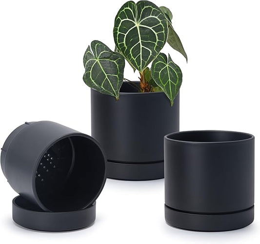 Phoenix Vine 6 Inch Planter Pot with Drainage Hole & Saucer, Deep Water Catch Tray, Straight Cylindrical Round Pot for Plants, Matte Black, Pack of 3, 23-C-S-3
