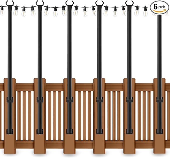 6 Pack 5 Ft String Light Poles, String Light Poles for Outside with Fixing Clips,Metal Poles for Outdoor String Lights, Hanging Light Poles for Deck Fence Garden Backyard Wall Bistro