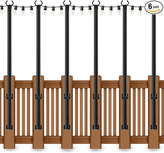 6 Pack 5 Ft String Light Poles, String Light Poles for Outside with Fixing Clips,Metal Poles for Outdoor String Lights, Hanging Light Poles for Deck Fence Garden Backyard Wall Bistro