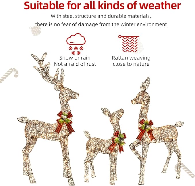 Christmas Decorations Outdoors Reindeer Family - Light up Christmas Decor Brown Deer 3 Piece with LED Lights, Extension Cord, Ground Stakes, for Outdoor Front Yard Porch - Brown