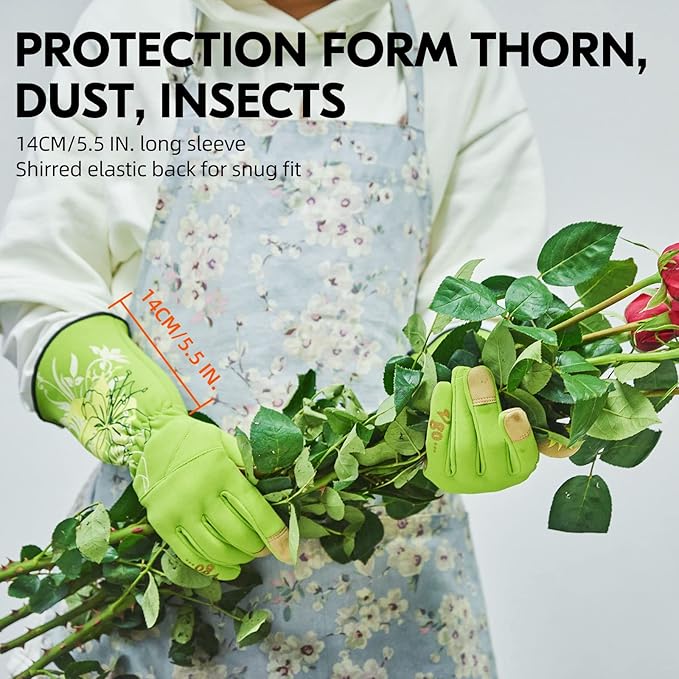 Vgo... 1-Pair Ladies' Synthetic Leather Gardening Gloves, Long Sleeves Gauntlet, Breathable & Grip Work Gloves, High Dexterity, Washable (Size S, Green, SL7445)