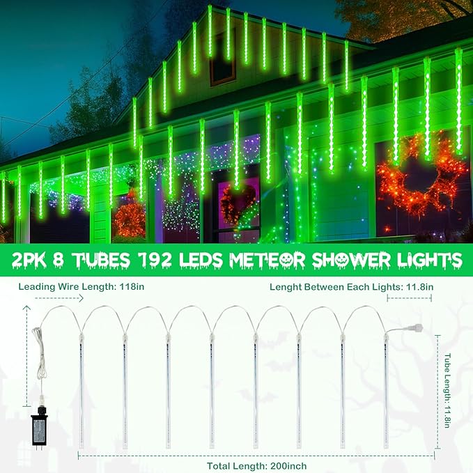 2-Pack Christmas Lights Outdoor, Extendable Meteor Shower Lights 16 Tubes 384 LEDs Indoor Outdoor, Waterproof Falling Rain String Lights with Timer for Christmas Decor Tree Roof Garden Patio(Green)