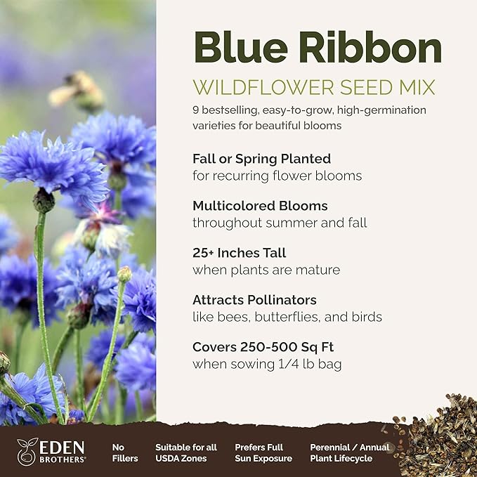 Eden Brothers Blue Ribbon Flower Mixed Seeds for Planting, 1/4 lb, 120,000+ Seeds with Blue Bell, Cornflower Blue, Chicory, Attracts Pollinators, Plant in Spring or Fall, Zones 3, 4, 5, 6, 7, 8, 9, 10
