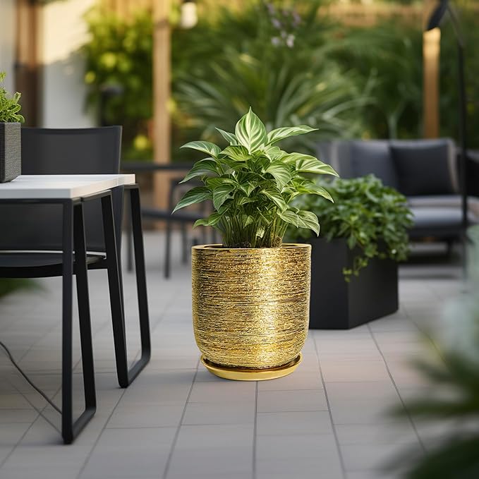 Ceramic Pots for Plants 12 Inch - Ceramic Planter for Indoor Outdoor Flowers, Cylinder Modern Flower Pot with Drainage Hole and Saucer, Patio Home Decor, Gifts for Plants Lovers, Gold