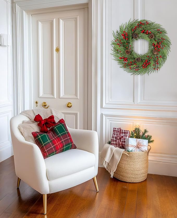 23 inch Norfolk Pine Wreath, Christmas Wreath for Front Door Christmas Door Wreaths with Red Berries Pine Cones Cedar Leaves Artificial Wreaths for Xmas Indoor Outdoor Decorations