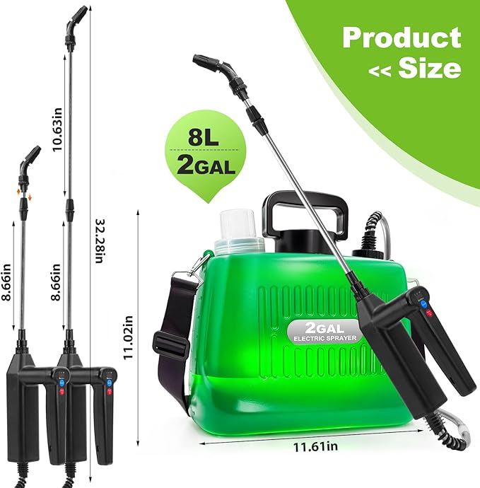 Battery Powered Sprayer 2 Gallon, 2025 New Electric Garden Sprayer with 3 Spray Force, Battery Indicator, Rechargeable Handle, 23.6" Telescopic Wand,4 Mist Nozzles,Shoulder Strap, for Lawn and Garden