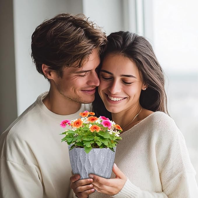 7/6.5/6/5.5/5/4.5/4 inch Plant Pots for Indoor Outdoor Plants, 7 Pack Thick Flower Pots with Drainage Holes and Saucers, Modern Wave Texture Plastic Planters Nursery Pots, Speckled Grey