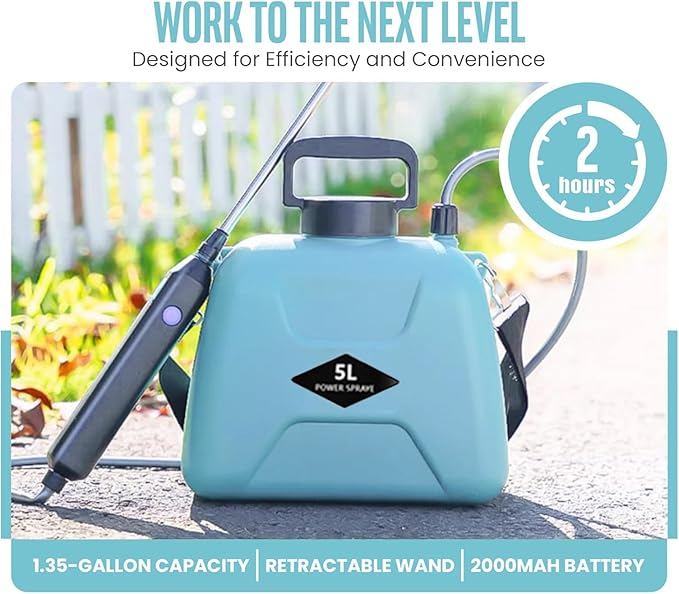 2025 Upgraded Electric Garden Sprayer | 5L/1.35Gal Battery-Powered Sprayer w/ 3 Nozzles, Leak-Proof Design & Adjustable Strap | Type-C Rechargeable for Lawn, Garden, Yard (Light Blue)
