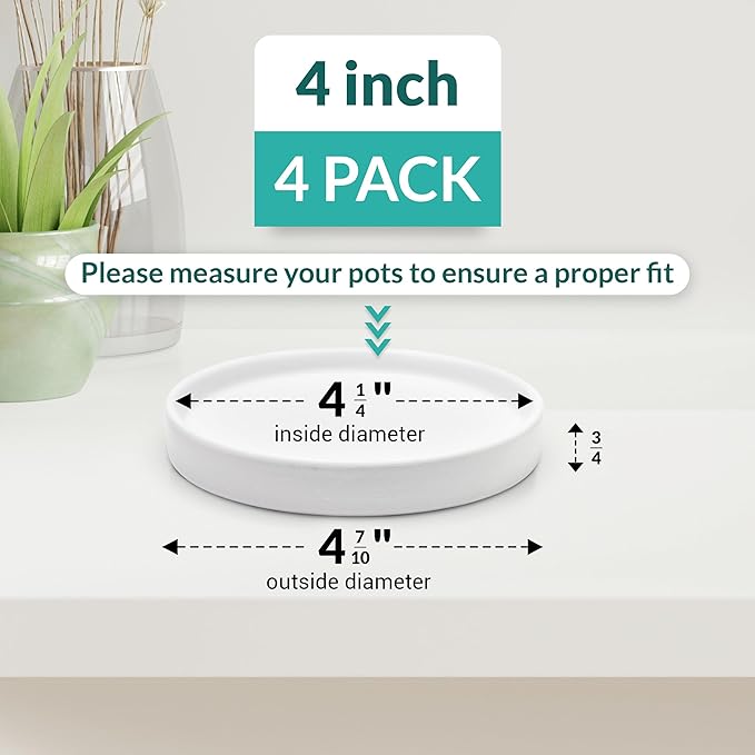 Willowy Heavy Duty Ceramic Small Plant Tray in Matte White - Pack of 4 - Scratch-Resistant Shallow Saucer or Pots 4.25" at the Base or Less, Plant Trays for Plants, 2-4 Inch Saucer for Plants