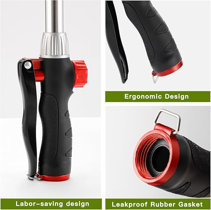 GREEN MOUNT Watering Wand, Heavy Duty Garden Hose Wand with 8 Spray Patterns, 16-Inch Hose Sprayer Nozzle with Flow Control, Ideal for Lawn and Garden Use, Red