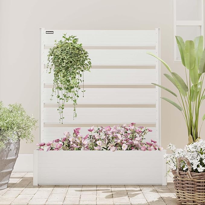 Vertical Screen Planter Bed - Raised Garden Box with Trellis for Climbing Plants, Durable Privacy Fence Planter for Outdoor, Patio, Deck Aluminum Frame, Beige with Base