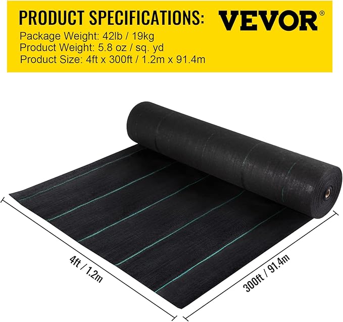 VEVOR Weed Fabric Barrier Heavy Duty, 4x300FT 5.8oz Weed Blocker Fabric, Woven Landscape Fabric, Garden Fabric Weed Barrier, Weed Control Fabric Ground Cover, Geotextile Fabric, Gardening Mat, Black