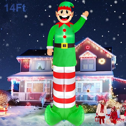 14 Ft Super Tall Christmas Inflatable Elf, Christmas Inflatables Decoration Outdoor Blow Up Giant Santa Elf with Built-in LED Lights Inflatable Christmas Decoration for Yard Outside Garden Lawn