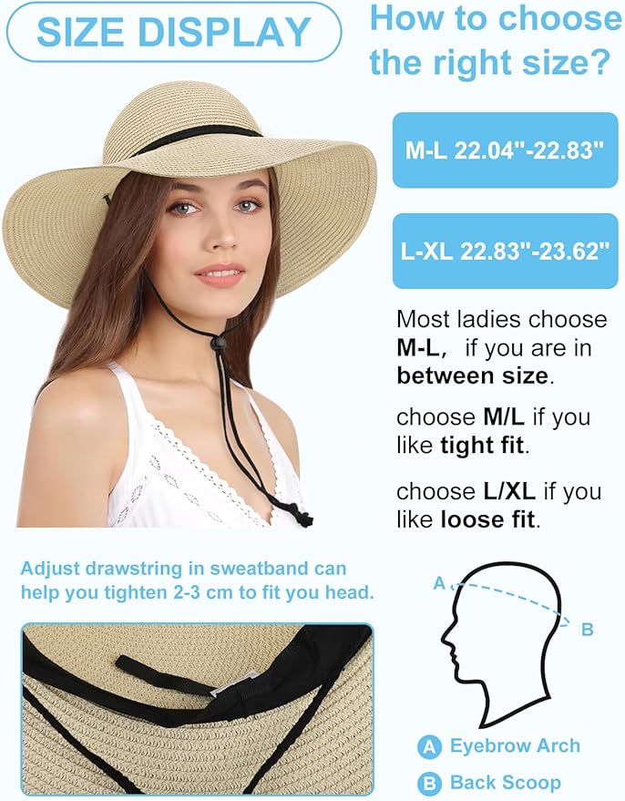 Senker Fashion Sun Hats for Women, Wind Lanyard Wide Brim Straw Hat for Summer Beach Garden Vacation Foldable UPF 50+