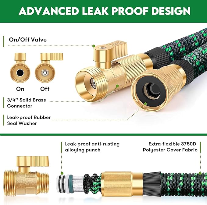 75 ft Expandable Garden Hose - Kink Free Flexible Water Hose 75ft with 10 Pattern Spray Nozzle, 3/4 Solid Brass Connectors, Retractable Latex Core - Lightweight Expanding Hose