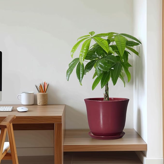 Ceramic Plant Pots - 10 Inch Plant Pot with Drainage Hole and Saucer, Round Planter for Indoor Outdoor, Modern Decorative Large Flower Pots, Home Room Garden Decor, Plants Lovers Gifts, Red