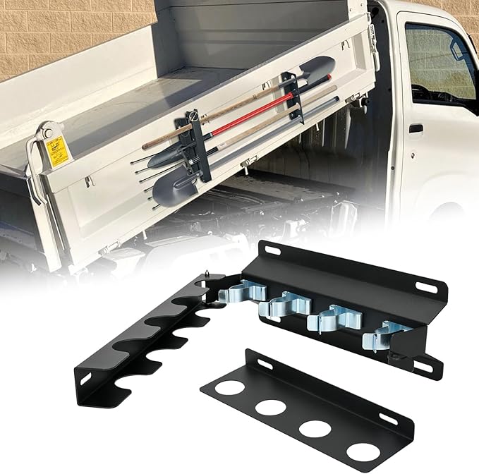 TOPOWN 4-Hole Heavy Duty Shovel Holder for Truck Bed with Double Fixation, Adjustable Landscape Tool Rack Truck Bed Mount for Shovels, Tool Holder for Rakes, Garden Tools, Farm Tools (Bed & Box Mount)