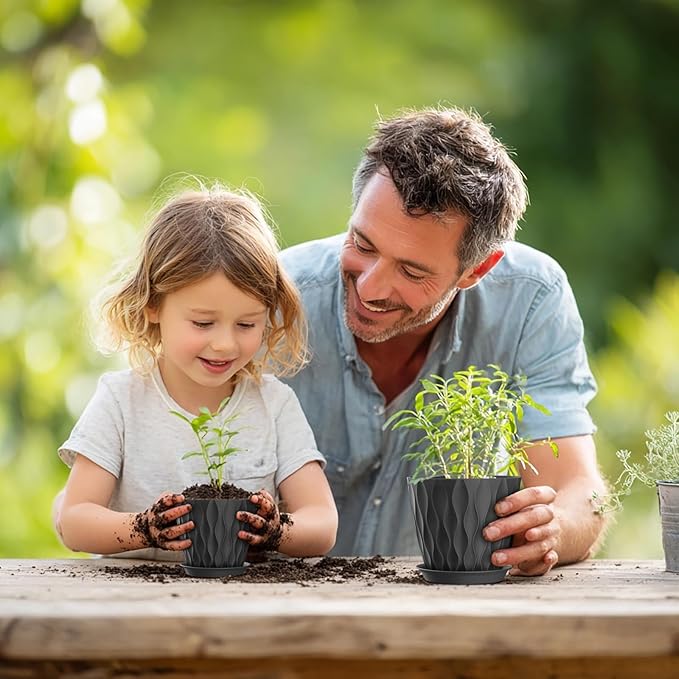 7/6.5/6/5.5/5/4.5/4 inch Plant Pots for Indoor Outdoor Plants, 7 Pack Thick Flower Pots with Drainage Holes and Saucers, Modern Wave Texture Plastic Planter Pots for Nursery, Succulent, Black
