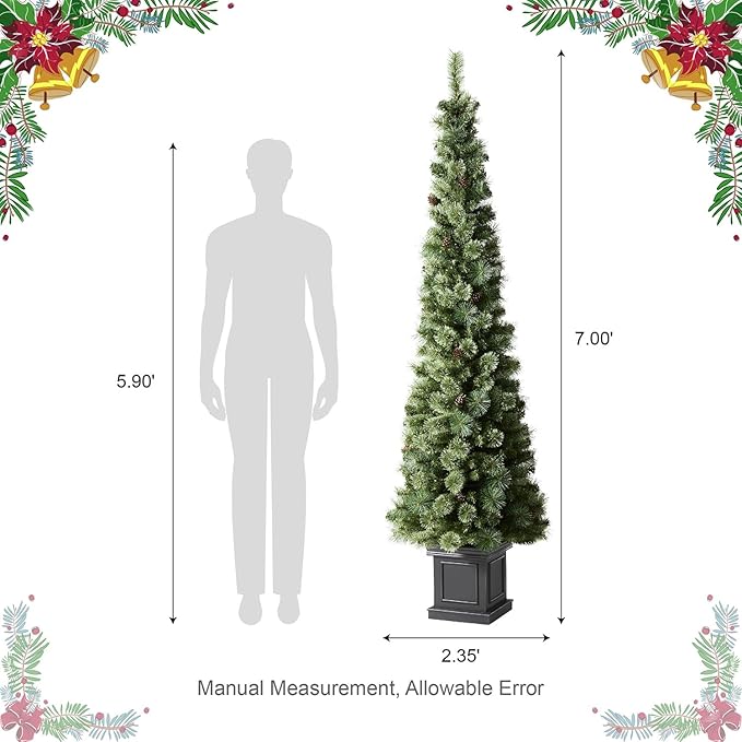 Glitzhome 7 FT Pre-Lit Artificial Christmas Tree, Lighted Entrance Tree Green Pine Christmas Porch Tree with 200 Warm White Lights,9 Functional Warm White/Multi-Color, Remote Controller