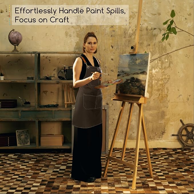 MEEDEN Painting Apron for Men Women: Adjustable Cross Back Waterproof Polyester Canvas Art Apron with 3 Pockets - Artist Apron for Acrylic Oil & Watercolor Painting, Gardening, Cooking - Taupe