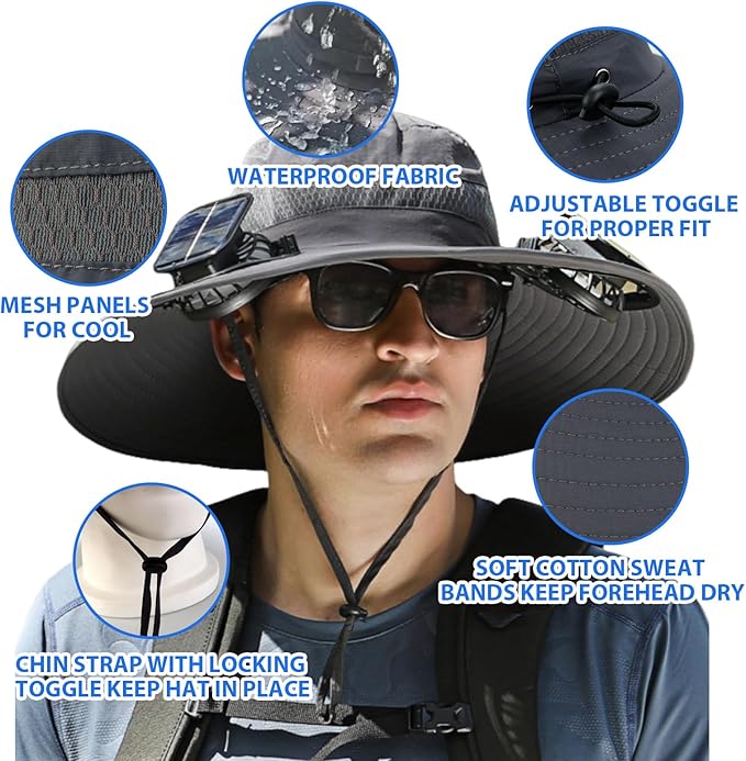 Wide Brim Sun Hat with Fan - Solar Fan Hat, Hat with Solar Fans Built in, Large Fishing Hat with Fans for Men, for Outdoor Hiking Camping Fishing Garden, Dark Gray Camouflage