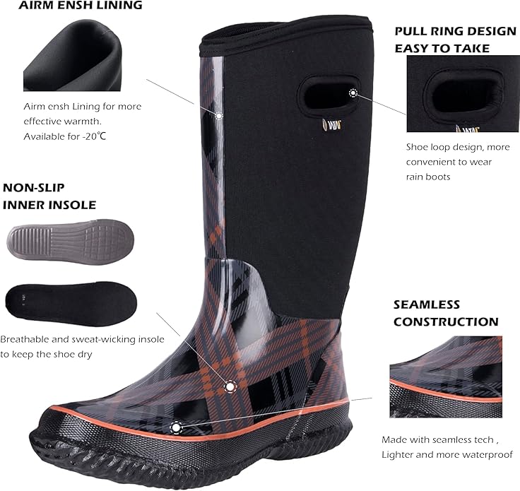 WTW Mid Calf Rain Boots for Women - Waterproof Insulated Neoprene Mud Boots Outdoor Hunting Garden Boots