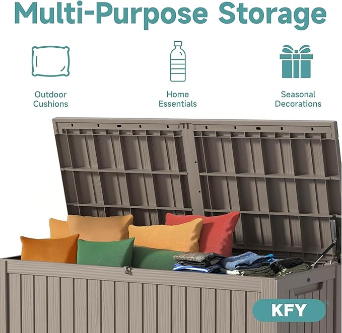 180 Gallon Waterproof Outdoor Storage Box, UV Resistant Resin Deck Box with Hydraulic Rod for Reinforced Stability, Perfect for Patio, Garden, and Pool, Grey