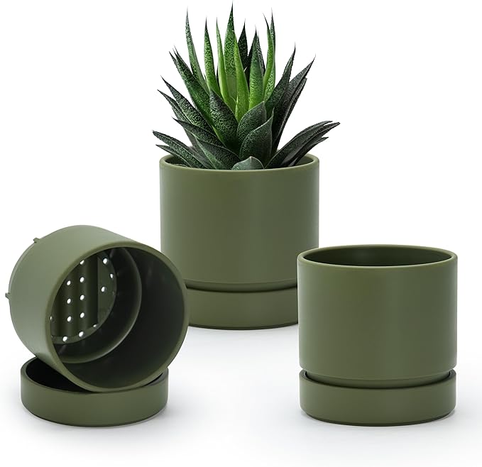 Phoenix Vine 4 Inch Planter Pot with Drainage Hole & Saucer, Deep Water Catch Tray, Straight Cylindrical Round Pot for Plants, Olive, Pack of 3, 23-F-R-3