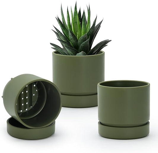 Phoenix Vine 4 Inch Planter Pot with Drainage Hole & Saucer, Deep Water Catch Tray, Straight Cylindrical Round Pot for Plants, Olive, Pack of 3, 23-F-R-3