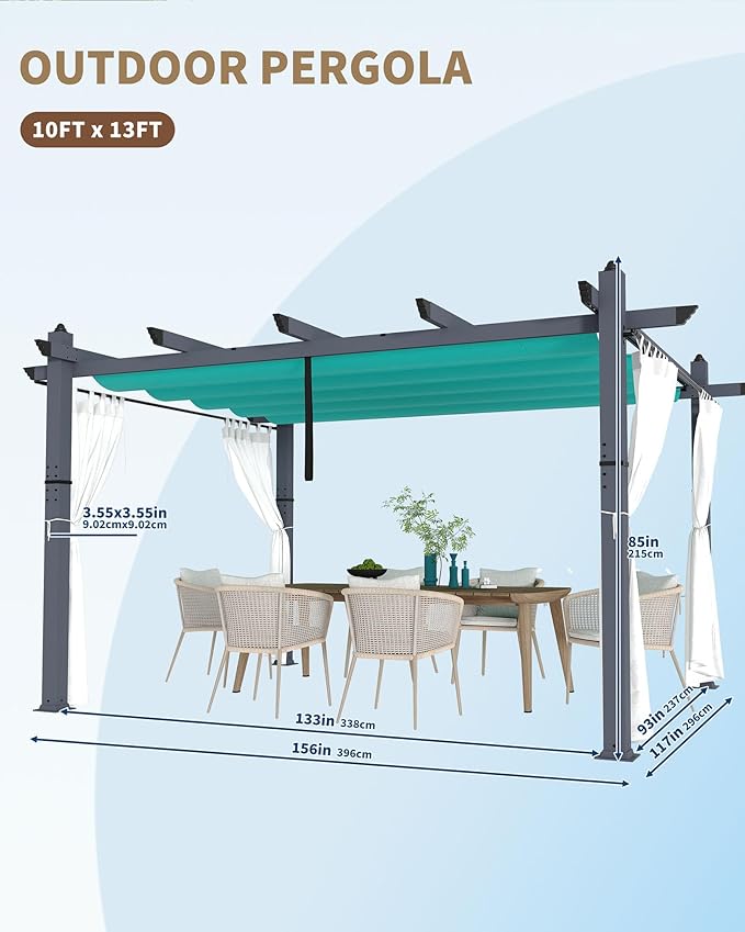 Garvee 10x13 Ft Outdoor Pergola with Retractable Canopy & Side Mesh Screen Gray Column Patio Gazebo for Garden Grape Trellis Backyard Deck(Blue+White)