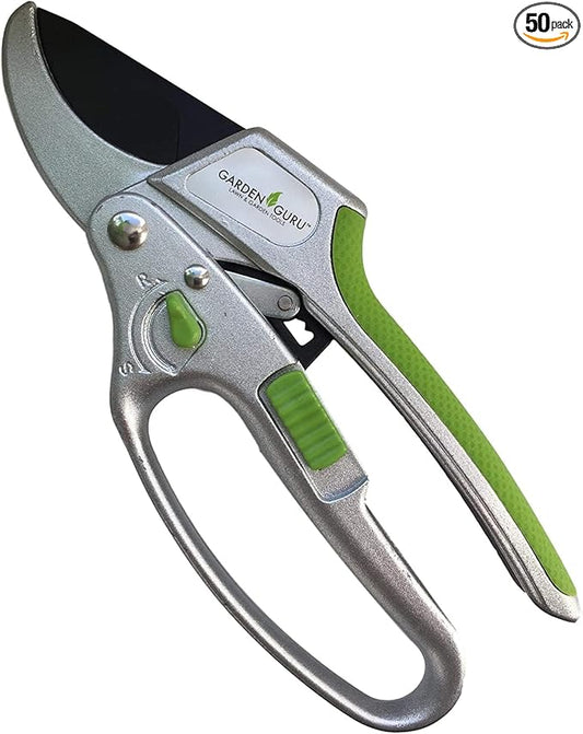 GARDEN GURU 2 in 1 Ratchet Pruning Shears Clippers – 4X Cutting Power – Ratcheting Garden Anvil Pruners Scissors - Makes Tough Cuts Easy - Great for Seniors & Arthritic Hands - 1 Case (50 Pcs)