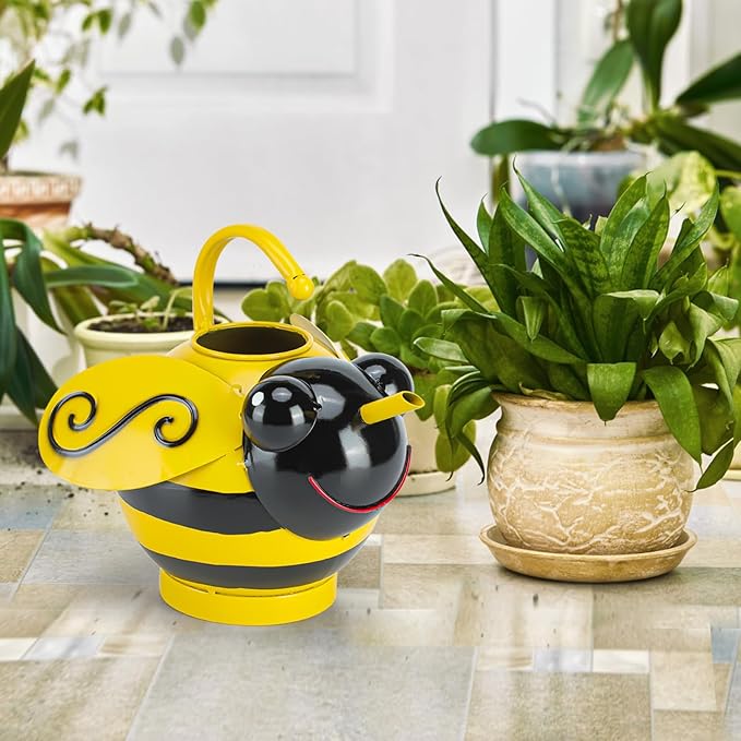 Metal Cute Bee Watering Can for Indoor/Outdoor Plants, Handmade Bee Watering Pot 1.8L 1/2 Gallon, Kids Novelty Decorative Watering Kettle Planter for Plants Succulent Flowers, Garden Decor