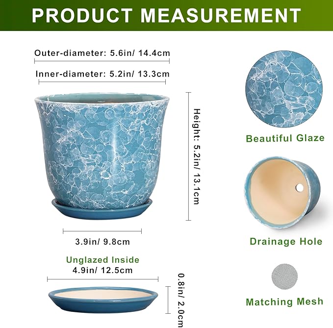 Ceramic Pots for Plants - 5.6 Inch Plant Pot with Drainage Hole and Saucer, Round Succulent Flower Orchid Pot for Indoor Outdoor, Modern Planter, Home Room Decor, Gift for Plant Lover, Blue