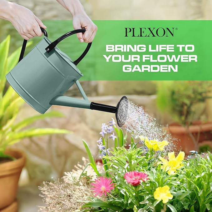 Plexon 1 Gallon Metal Watering Can Outdoor, Flower Plant Gardening Garden Large Watering Can Pot, Black Galvanized Steel Handles and Removable Spray Spout, Aqua Mist Blue
