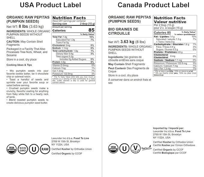 Food to Live Organic Raw Pepitas, 8 Pounds — Non-GMO, Pumpkin Seed Kernels, Unsalted, No Oil, No Shell, Vegan, Kosher, Bulk. Keto Snack.