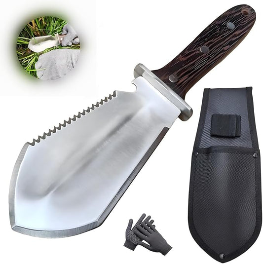 Hori Hori Garden Knife, Garden Tools with Sheath for Weeding,Planting,Digging, Stainless Steel Blade with Cutting Edge, Full-Tang Wood Handle with Hanging Hole