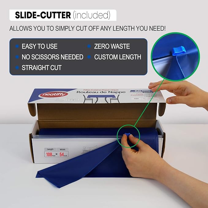 Neatiffy Disposable Plastic Table Cloth Roll | 54 in x 108 Ft Waterproof Tablecloth | Table Cover for Rectangle, Square, Round Oval Tables | Picnic, Party, Banquet, Birthdays, Weddings - Royal Blue