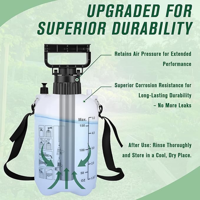 1.3 Gallon Pump Sprayer, 5L Garden Sprayer with Adjustable Nozzles and Shoulder Strap Sprayers in Lawn and Garden for Car Washing, Plants and Cleaning