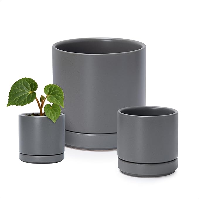 D'vine Dev 3 Inch & 4 Inch & 6 Inch, Set of 3 Round Ceramic Planter Pot with Drainage Hole and Saucer, Grey, 94-T-S-3