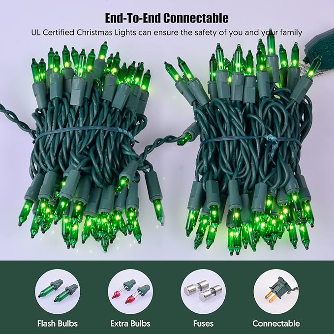 Green Christmas Lights St Patricks Day Decorations 100 Count Incandescent Light UL Certified Connectable Christmas Tree Lights for Indoor Outdoor Xmas, Wedding, Party, Home Decorations