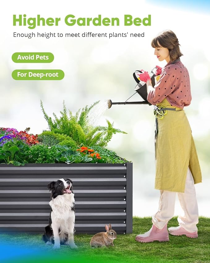 Quictent Galvanized Raised Garden Bed 4x3x2ft Tall Garden Bed Extra Height 22.4" Hold 24cft Soil Outdoor Heightened Planter Box for Deep Root Vegetables Herbs Tomato Cage Included, Dark Grey