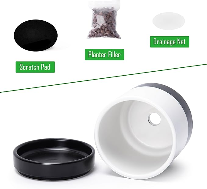 D'vine Dev 4.6 Inch Ceramic Planter Pot with Drainage Hole and Saucer, Indoor Cylinder Round Planter Pot, Layered Monochrome Black & White, 94-O-B-L