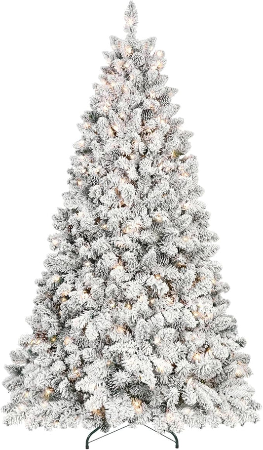 6ft Pre-lit Christmas Tree, Flocked Christmas Tree with 350 UL Lights & Pine Cones & 888 Tips, Snow Frosted Artificial Christmas Tree Prelit, Auto Hinged Spruce Xmas Tree for Holiday Decor