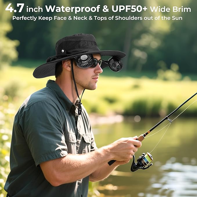 2-in-1 Hands-Free Hat Fan Neck Fan UPF 50+ Wide Brim Sun Hat 16Hrs Running 3-Speed Fishing Essentials for Men Women