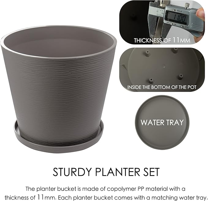 Kozyard 4Packs Round Planter Indoor Outdoor Plant Pots with Tray Collecting Water for Porch, Patio, Backyard Planters Modern Décor for Tall Plants Flowers GrayishBrown