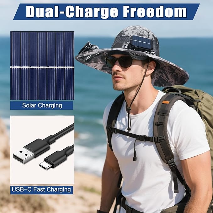 Solar Fan Hat for Men Women - Wide Brim Solar Fan Outdoor Fishing Hat with 2 Removable Fans